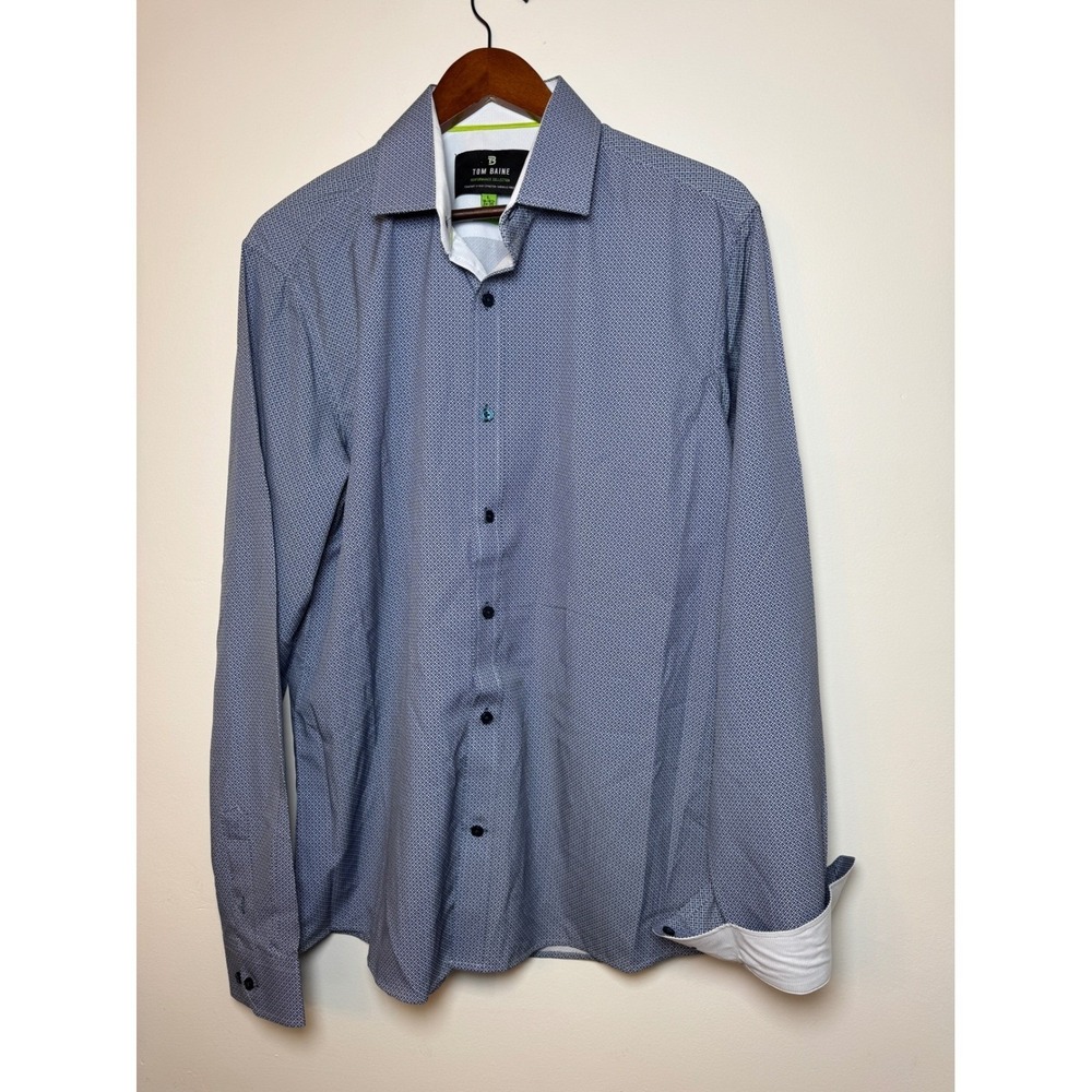 Tom Baine Performance Collection Slim Fit Blue Geometric Dress Shirt Mens Large